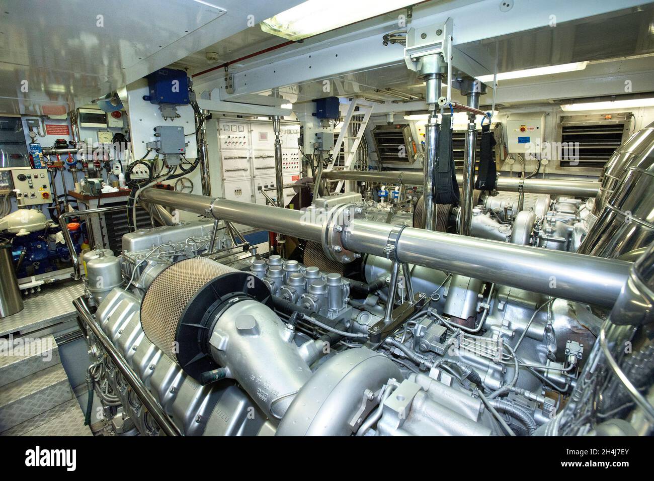 Engine room of luxury Mangusta 130' superyacht Stock Photo