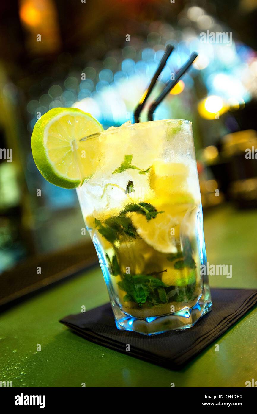 Mojito cocktail drink on bar Stock Photo