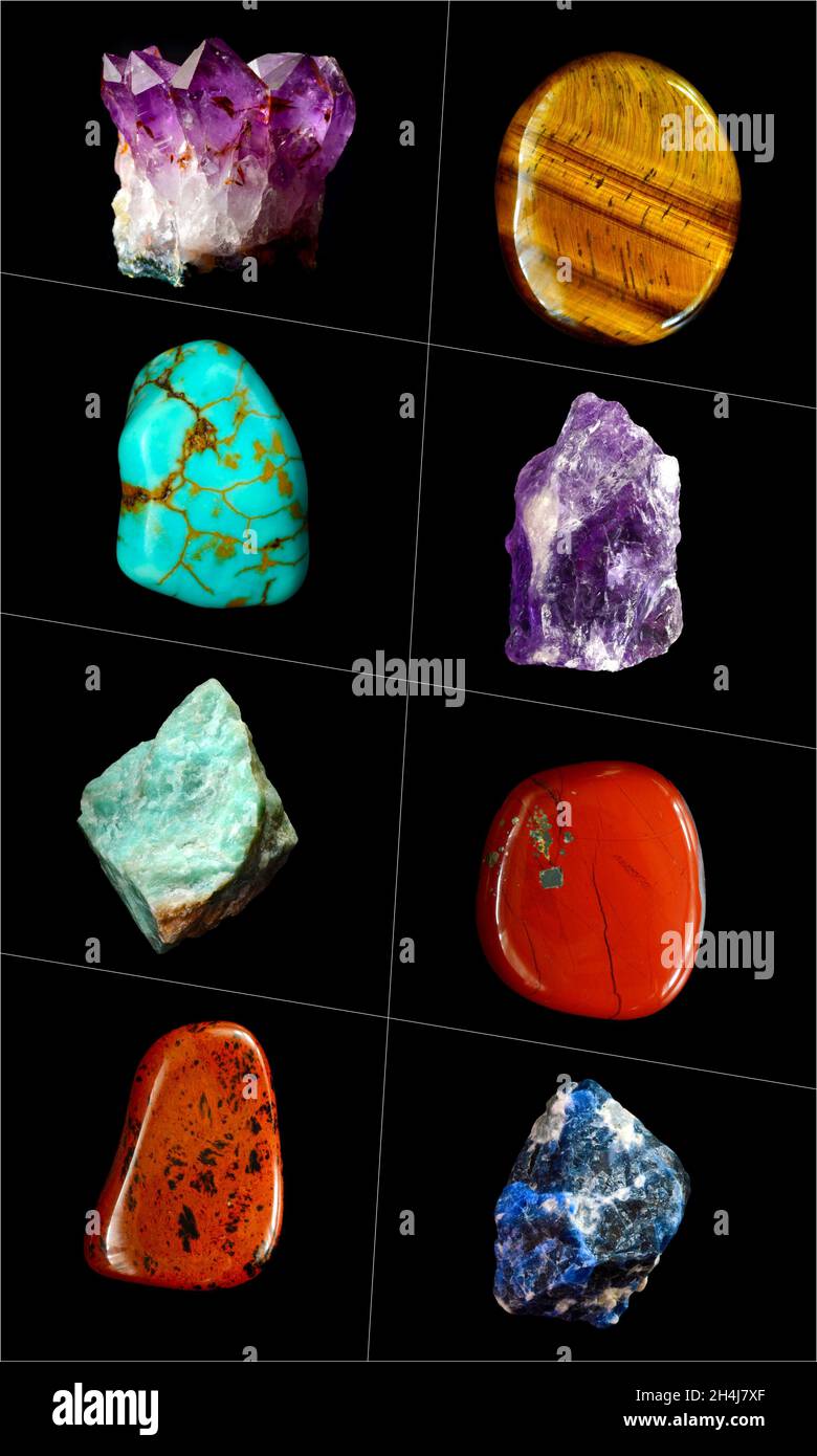 Collage of various mineral rocks and stones Stock Photo