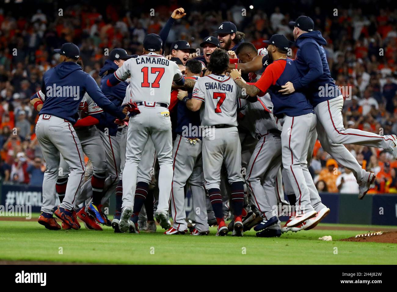 Atlanta Braves Unsigned 2021 MLB World Series Champions Team Dogpile Photograph