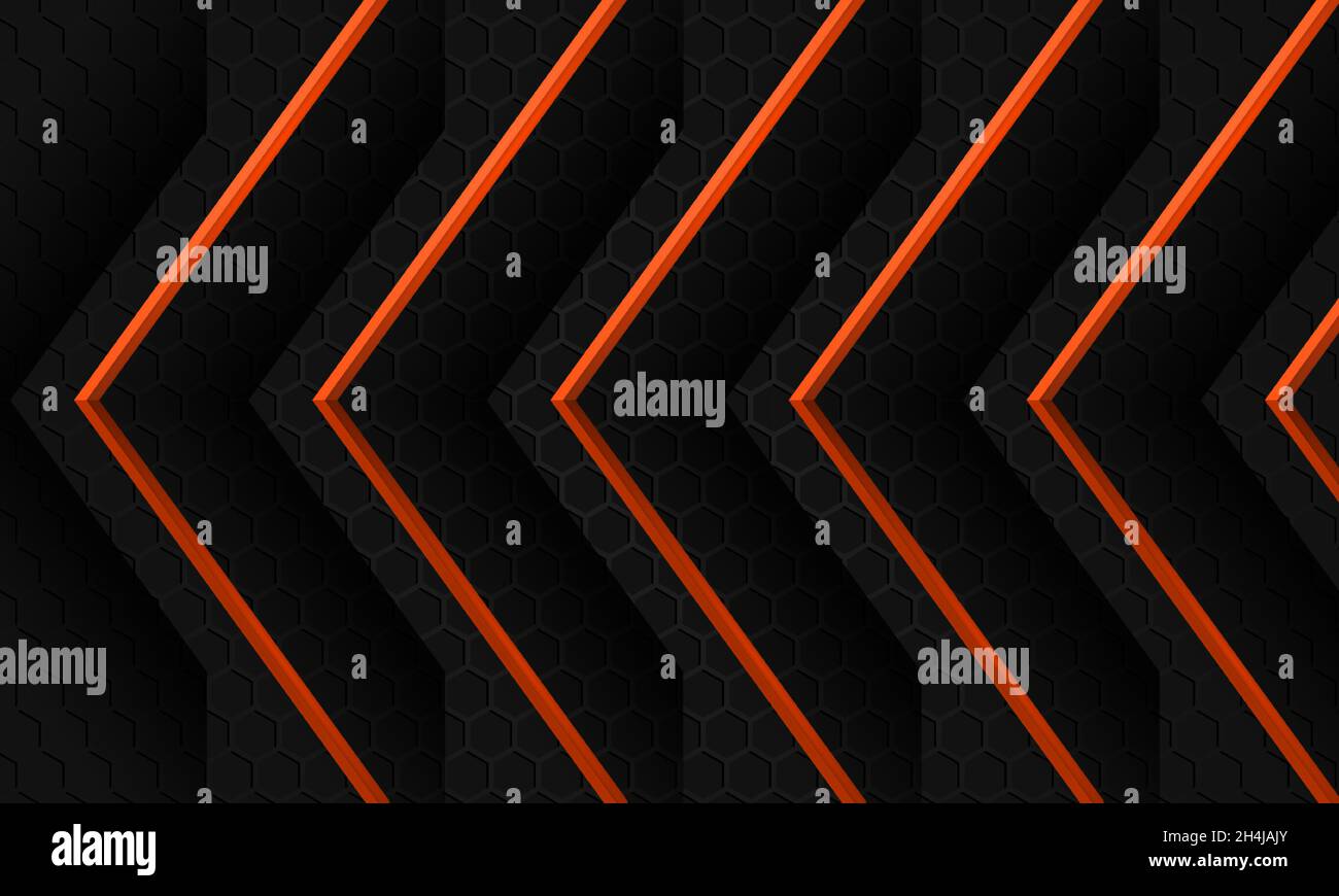 Dark abstract hexagon background with orange arrows on a gray hexagonal ...