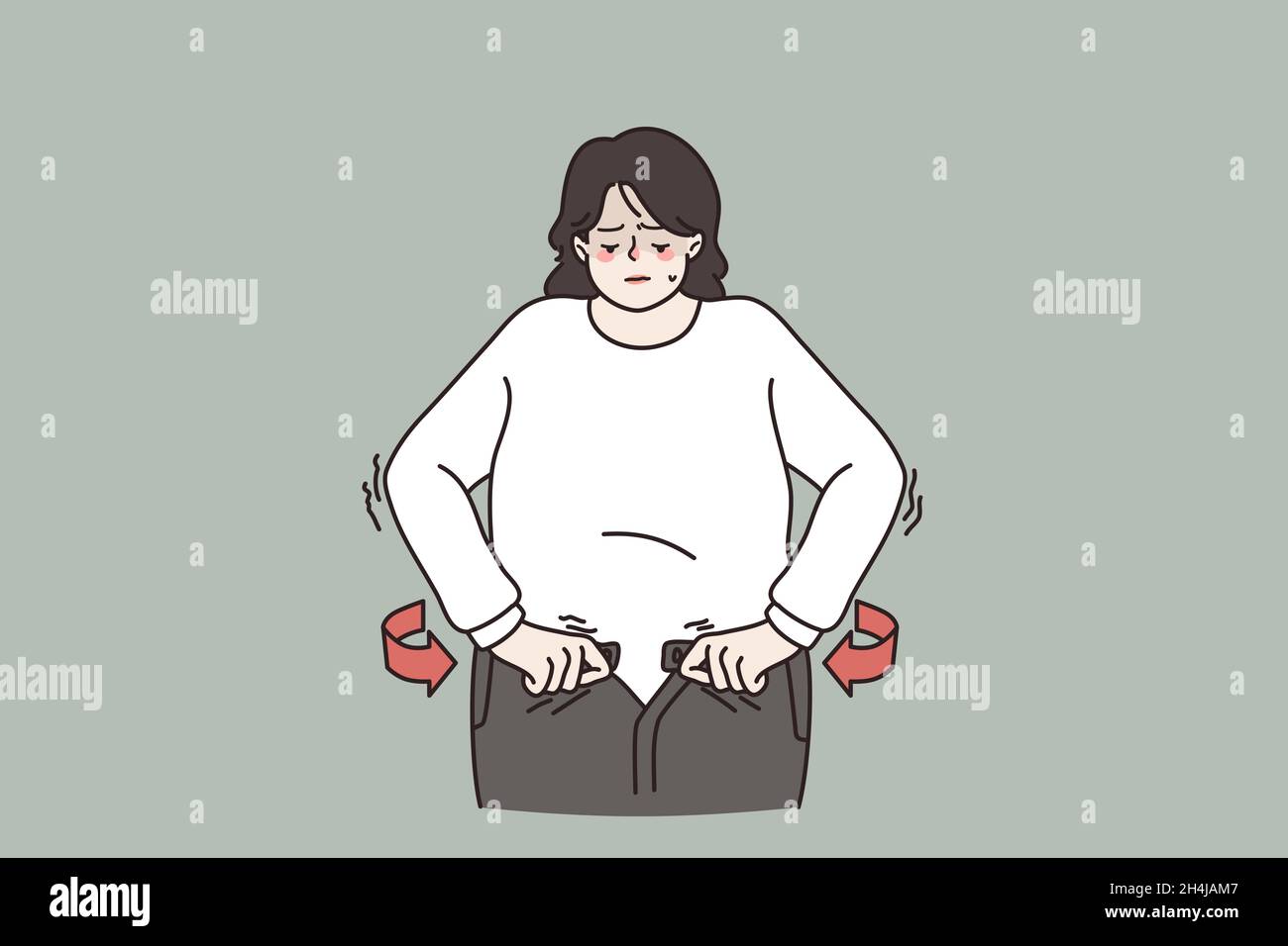 Unhappy overweight woman unable to fasten jeans, need lose weight for body keep fit. Fat female suffer from excessive bodyweight. Diet, healthy lifestyle concept. Flat vector illustration.  Stock Vector