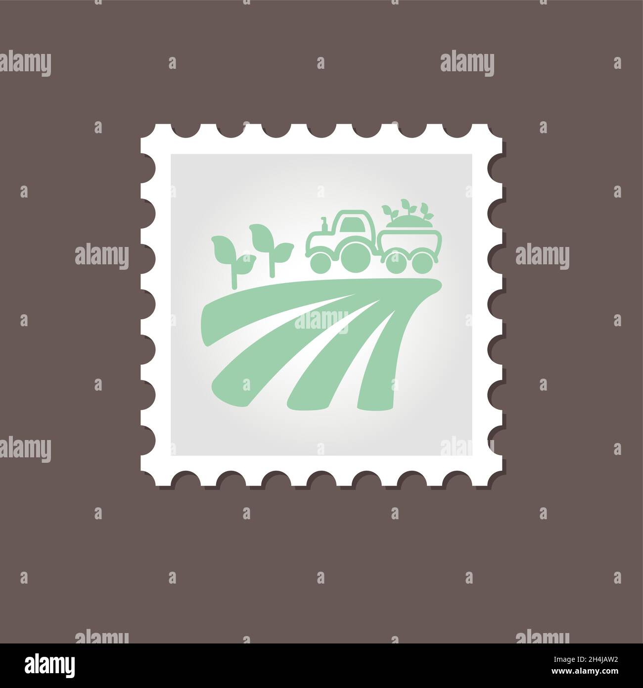 Tractor on field harvest seedling stamp. Outline vector illustration ...