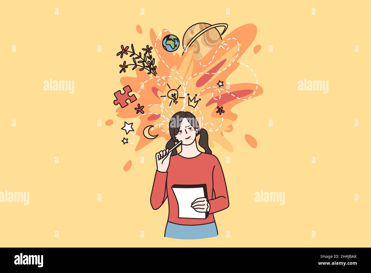 Young woman hold paper think or visualize ideas, brainstorm contemplating. Millennial girl student write in notebook, engaged in creative thinking. Inspiration, visualization. Vector illustration.  Stock Vector