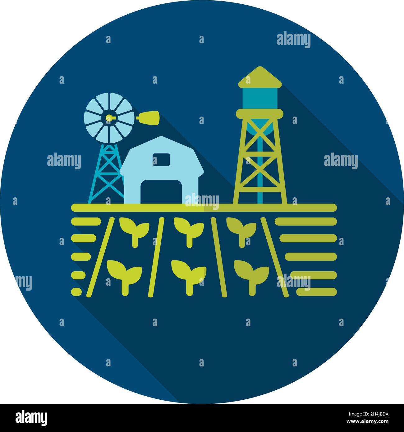 Farm landscape with barn, windpump, seedling and water tower icon ...