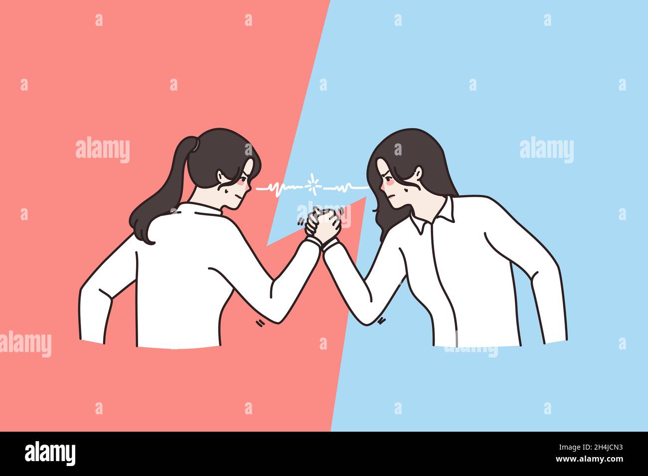 Aggressive mad women rivals have arm wrestling match. Furious decisive female opponents employees fight for leadership show power. Armwrestling, competition concept. Vector illustration.  Stock Vector