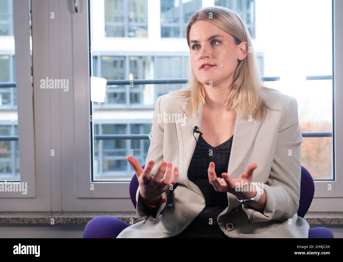 Berlin, Germany. 03rd Nov, 2021. Frances Haugen, Facebook whistleblower, speaks during an interview. The Facebook company has come under heavy pressure in recent weeks due to internal documents made public by a former employee. Frances Haugen accuses Facebook of putting profits before the well-being of its users. Credit: Christophe Gateau/dpa/Alamy Live News Stock Photo