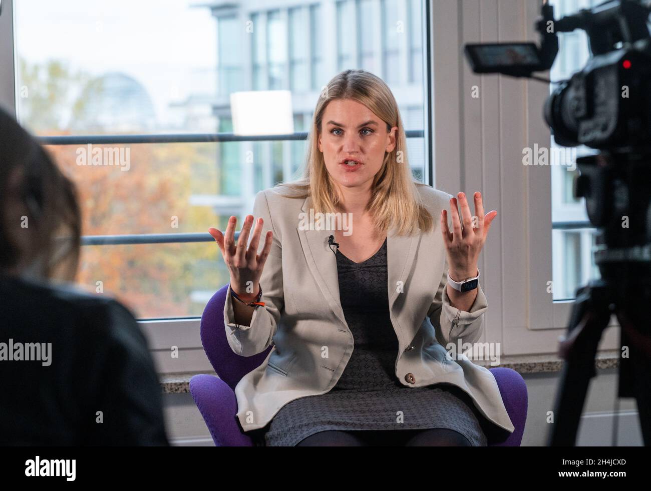 Berlin, Germany. 03rd Nov, 2021. Frances Haugen, Facebook whistleblower, speaks during an interview. The Facebook company has come under heavy pressure in recent weeks due to internal documents made public by a former employee. Frances Haugen accuses Facebook of putting profits before the well-being of its users. Credit: Christophe Gateau/dpa/Alamy Live News Stock Photo