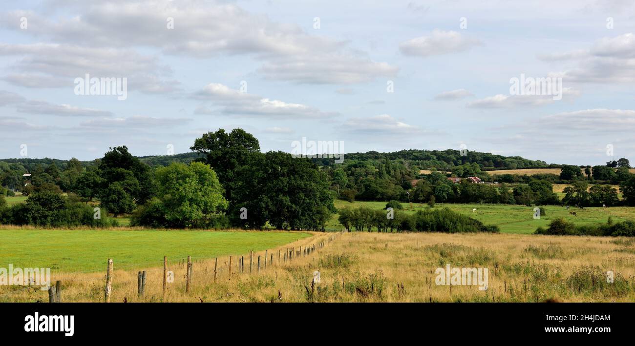 Countryside landscape in Warwickshire, UK, fence, near Wootton Wawen, Henley-in-Arden Stock Photo
