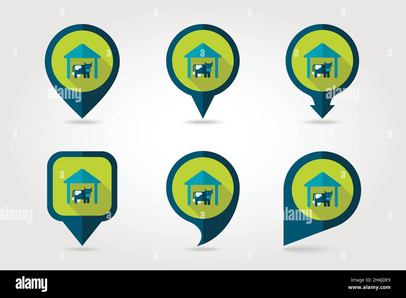 Cowshed flat mapping pin icon with long shadow, eps 10 Stock Vector