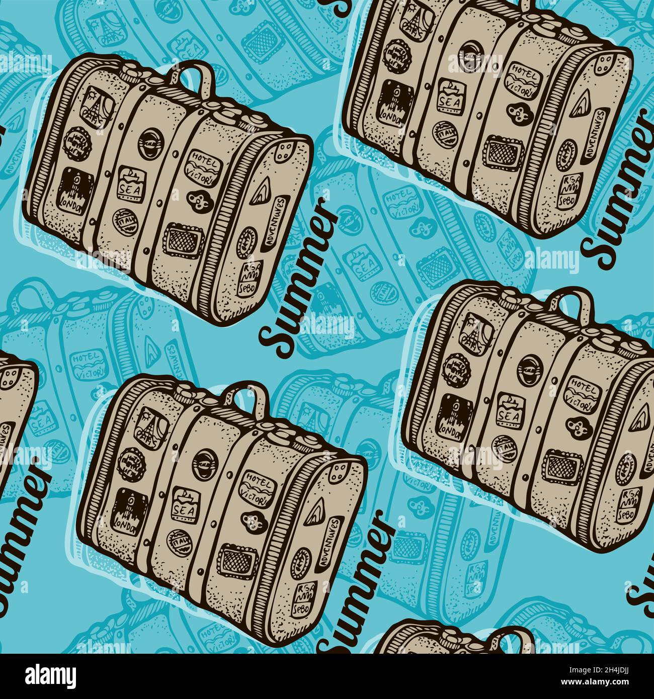 Vintage suitcase seamless vector pattern, old travel bag background Stock Vector