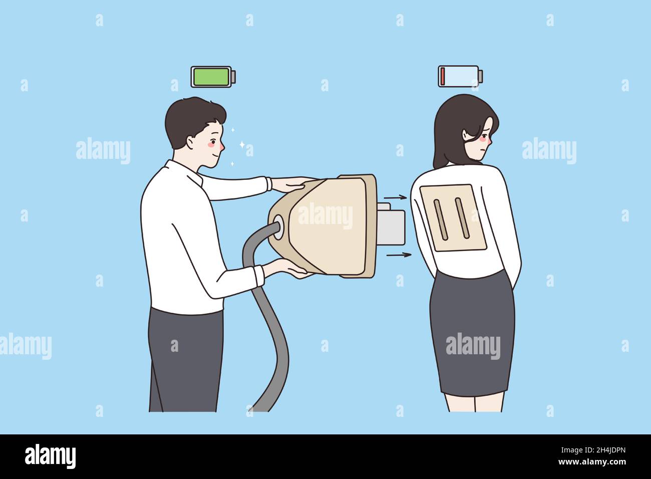 Happy energetic man put huge plug in socket to recharge tired unhappy woman colleague. Exhaustion at workplace. Job burnout problem. Businesspeople fatigue deal. Flat vector illustration.  Stock Vector