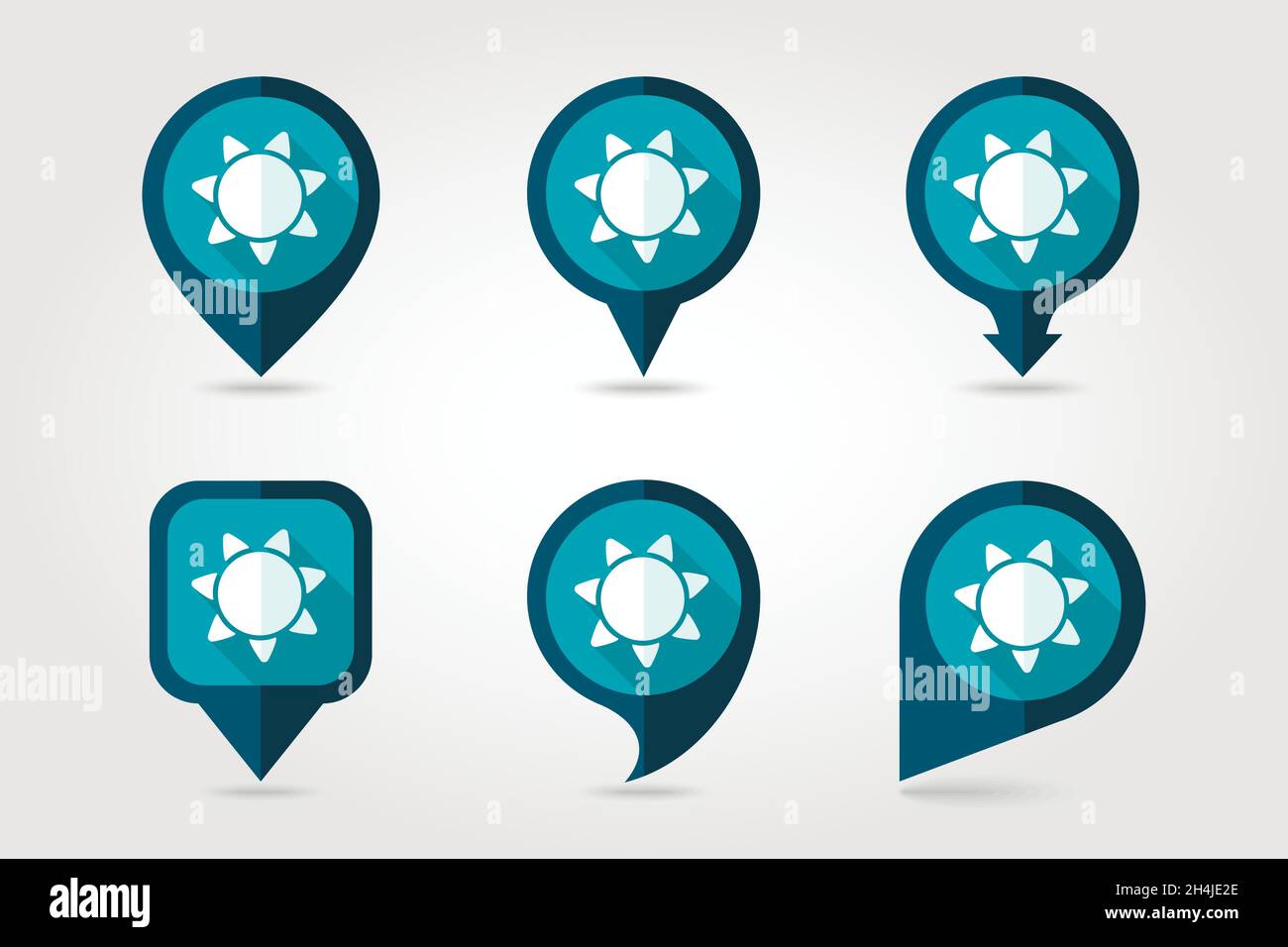 Sun flat mapping pin icon with long shadow, eps 10 Stock Vector