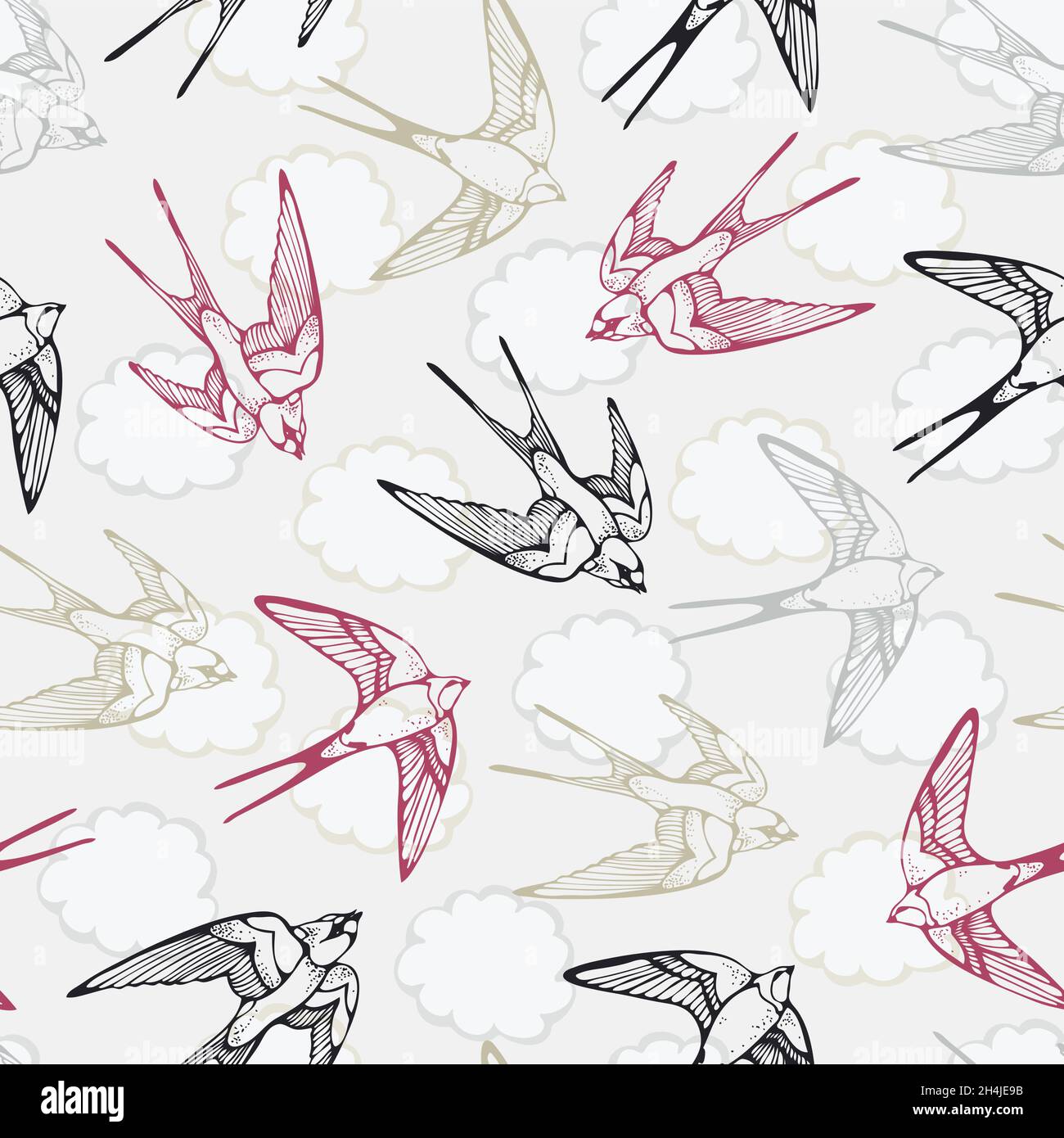 Swallow bird vector seamless pattern, hand drawn background Stock Vector