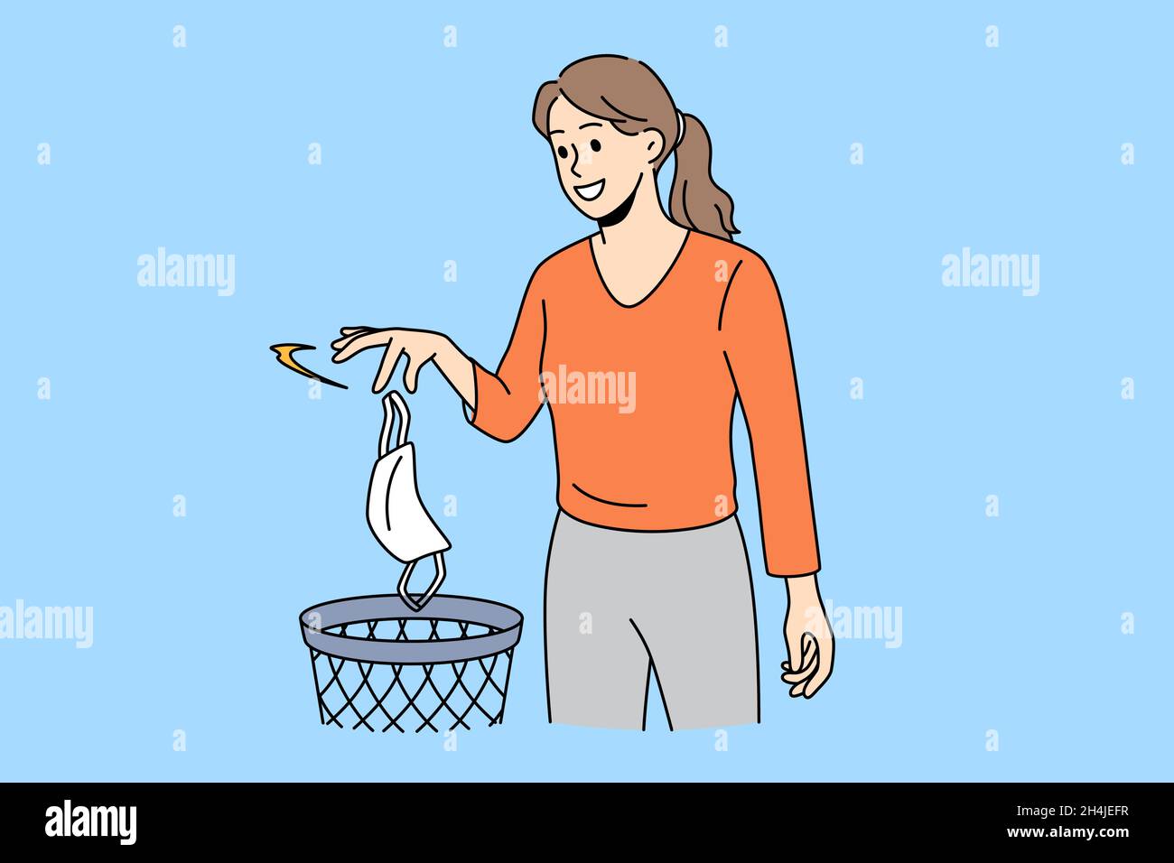 End of coronavirus pandemic concept. Young smiling woman cartoon