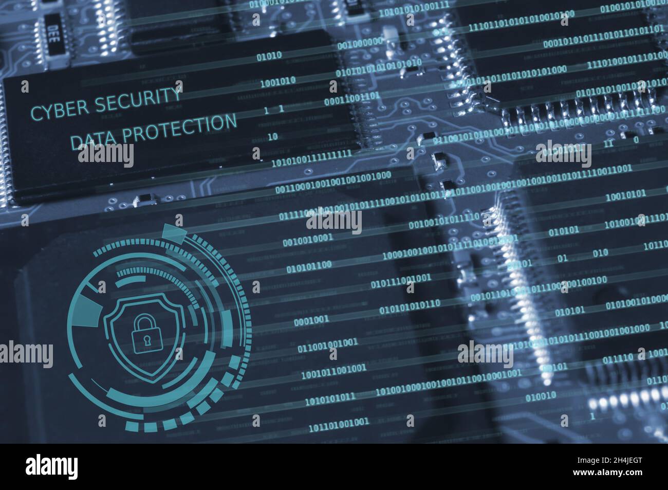 printed circuit board with active and passive surface mounted components close up. Cyber security concept Stock Photo