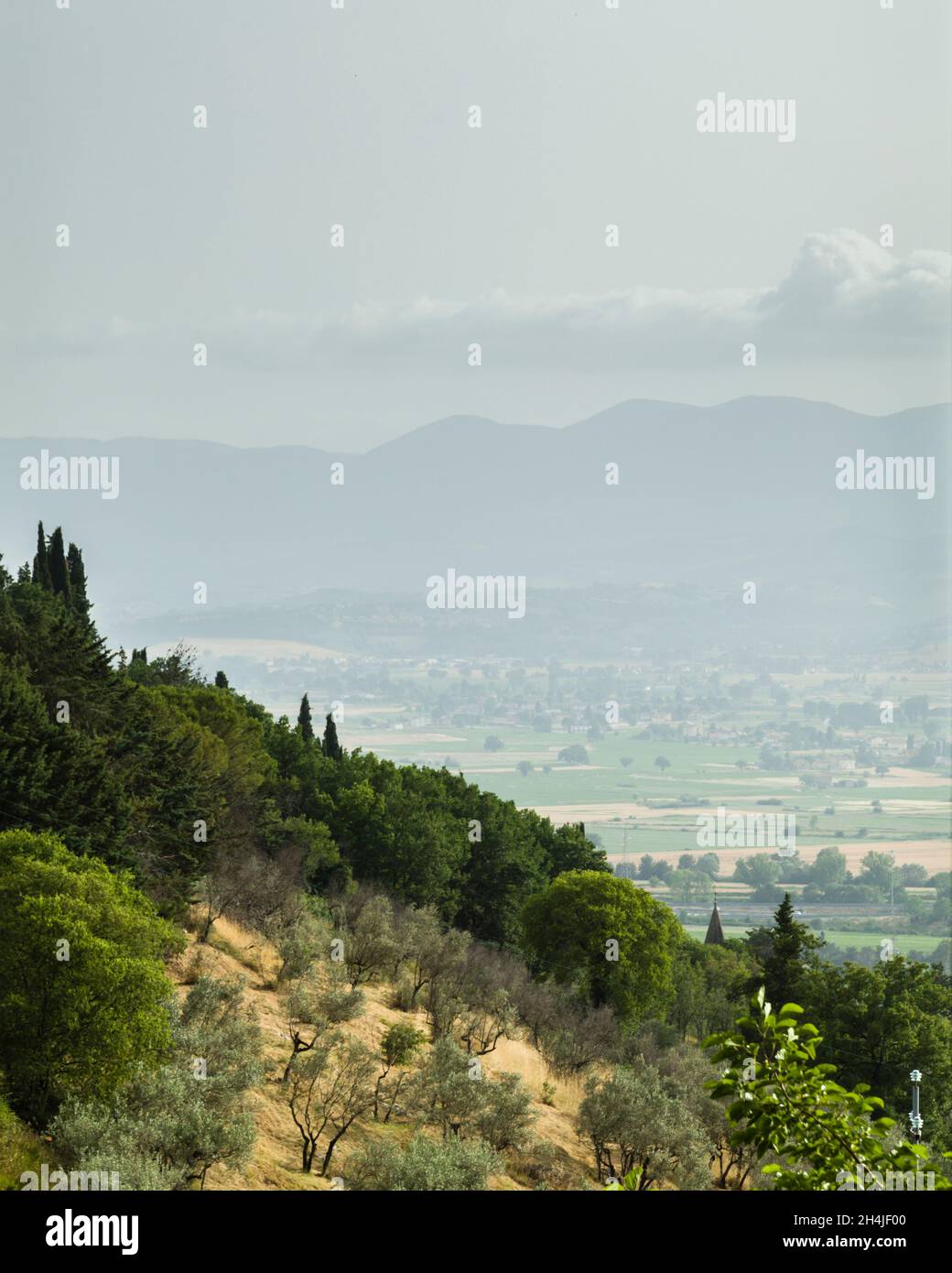View across the hills over  the Umbrian Valley, near Trevi.  Umbria Italy Stock Photo