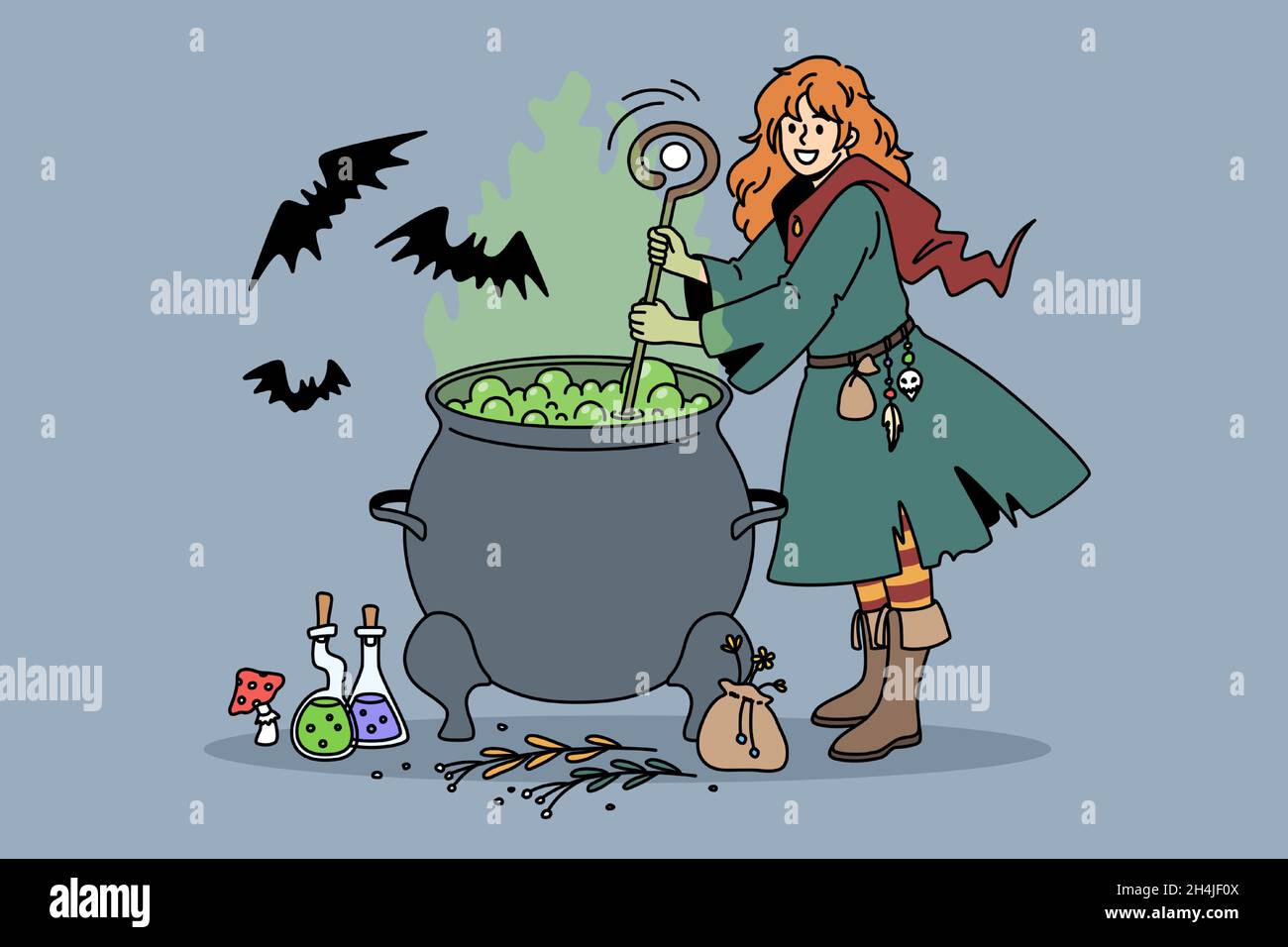 Halloween holiday tradition celebrating concept. Young woman witch in costume standing and brewing potion with bats flying around vector illustration  Stock Vector