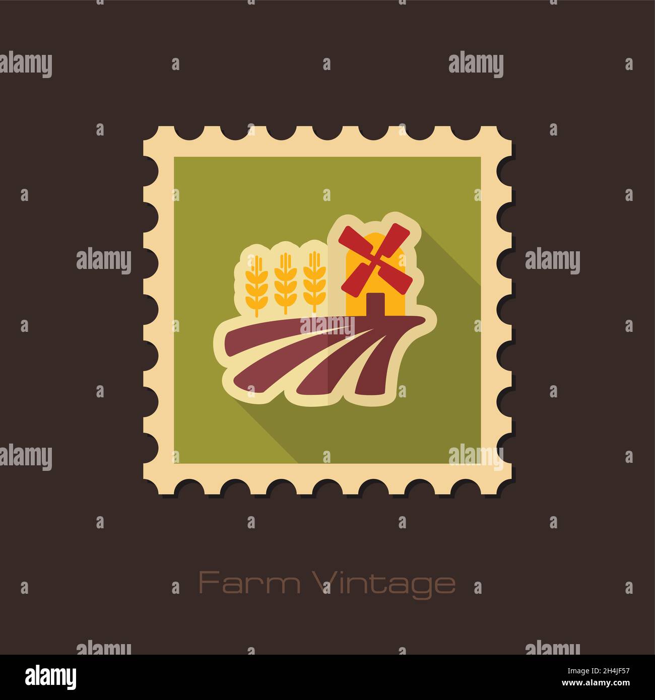 Field with a mill and wheat retro flat stamp with long shadow, eps 10 ...