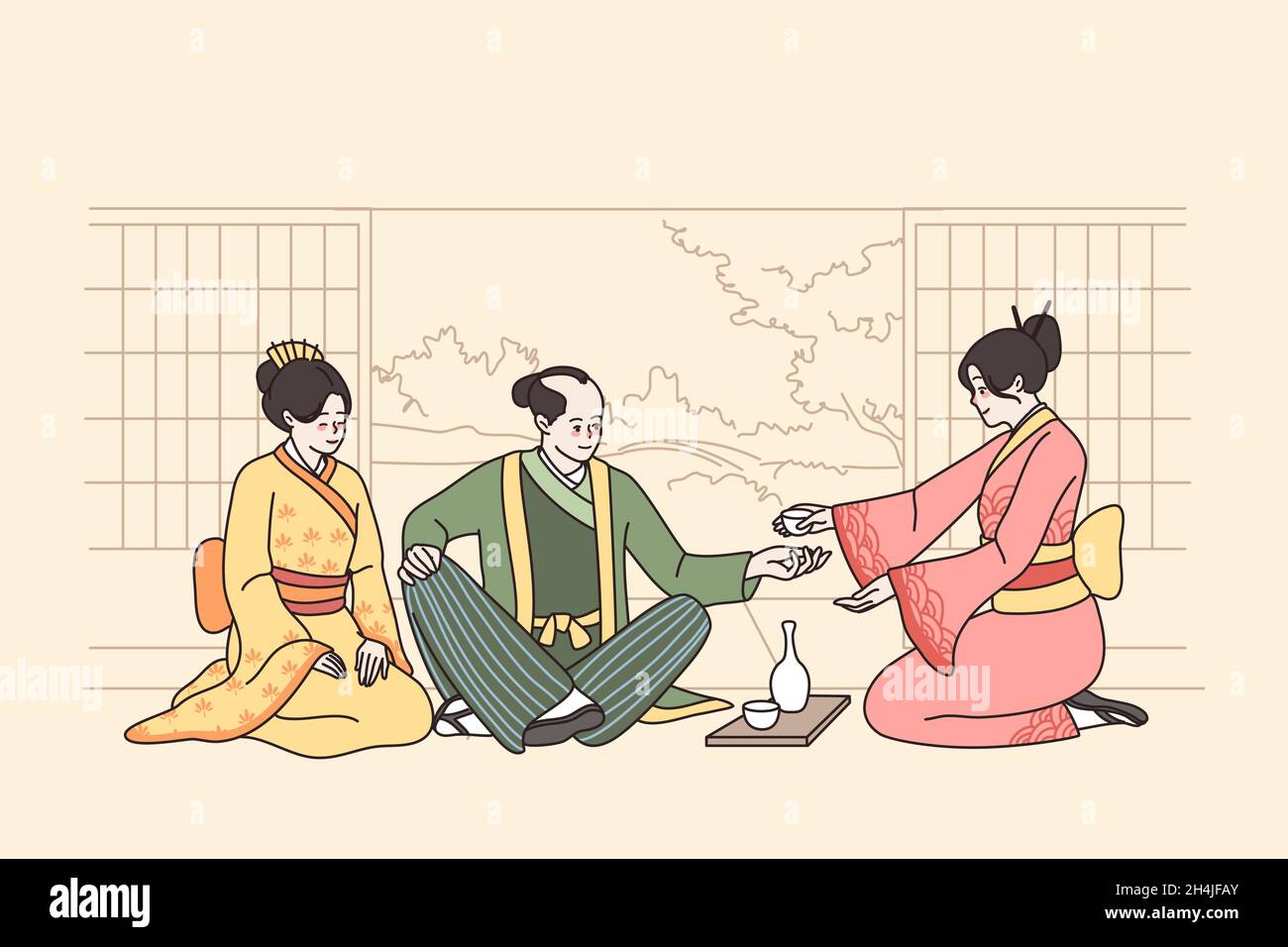People in Japanese costumes sit on floor have traditional tea ceremony