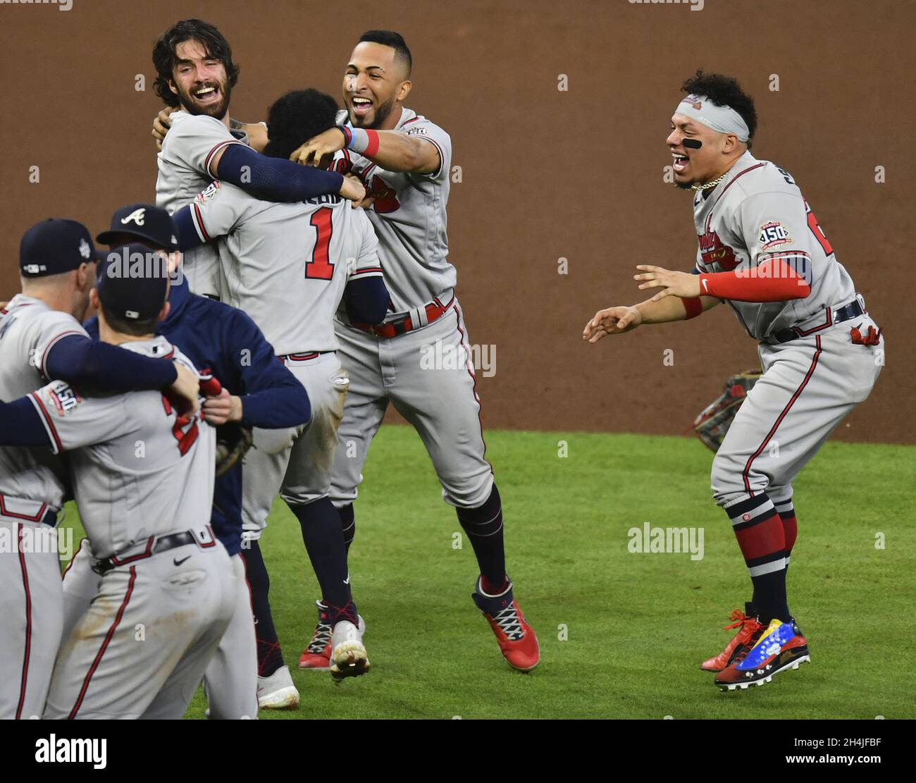 Houston, United States. 02nd Nov, 2021. The Atlanta Braves celebrate win over the Houston Astros in game six in the MLB World Series at Minute Maid Park on Tuesday, November 2, 2021 in Houston, Texas. Atlanta wins the World Series four game to two with a 7-0 shut out win over Houston. Photo by Maria Lysaker/UPI Credit: UPI/Alamy Live News Stock Photo