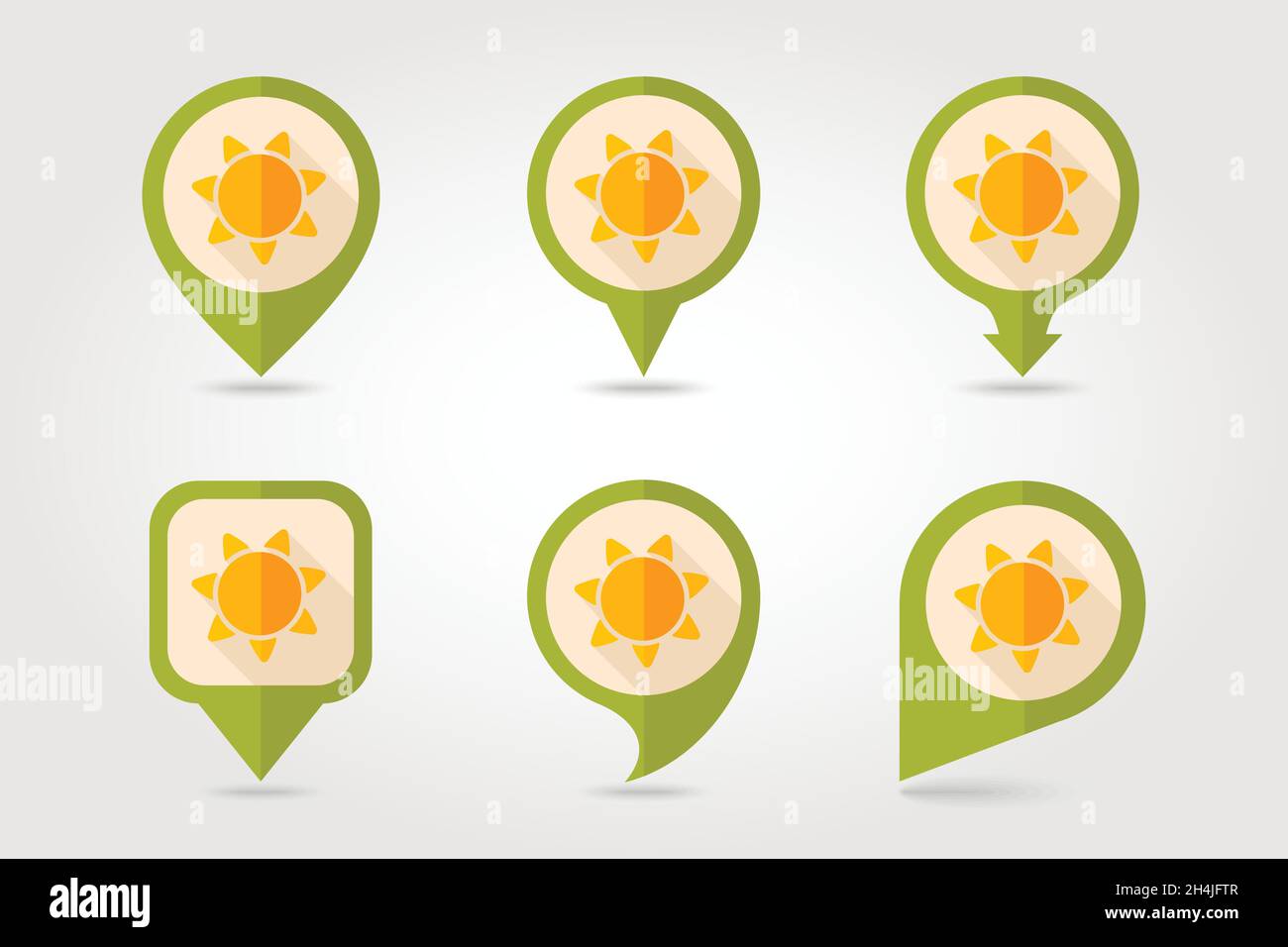Sun flat mapping pin icon with long shadow, eps 10 Stock Vector