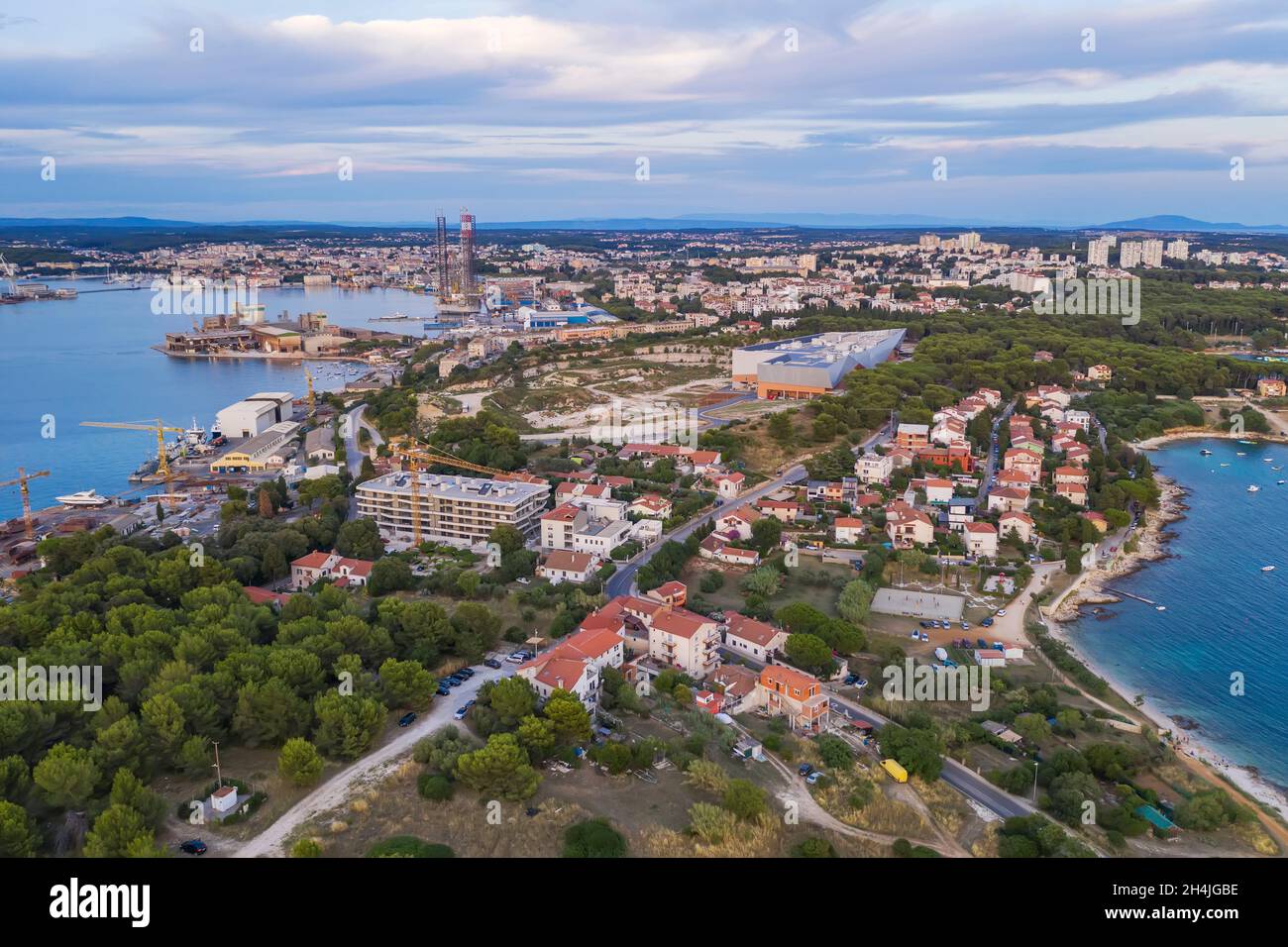 an aerial view of of Pula from Stoja peninsula, industry area on left side, Pula, Istria, Croatia Stock Photo