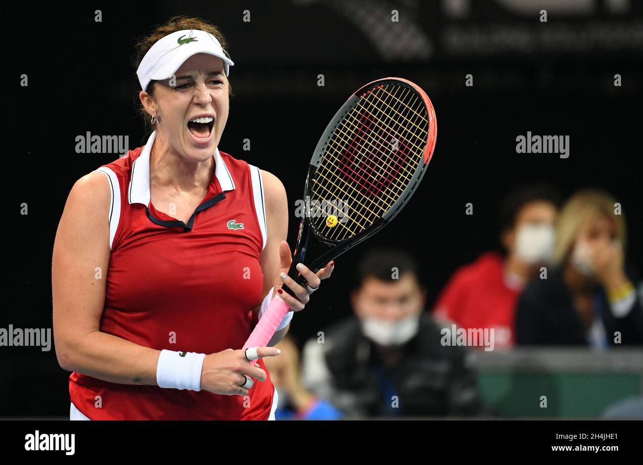 Prague, Czech Republic. 03rd Nov, 2021. Anastasia Pavlyuchenkova of Russia  reacts during Group A match of the women's tennis Billie Jean King Cup  (former Fed Cup) against Alize Cornet of France in