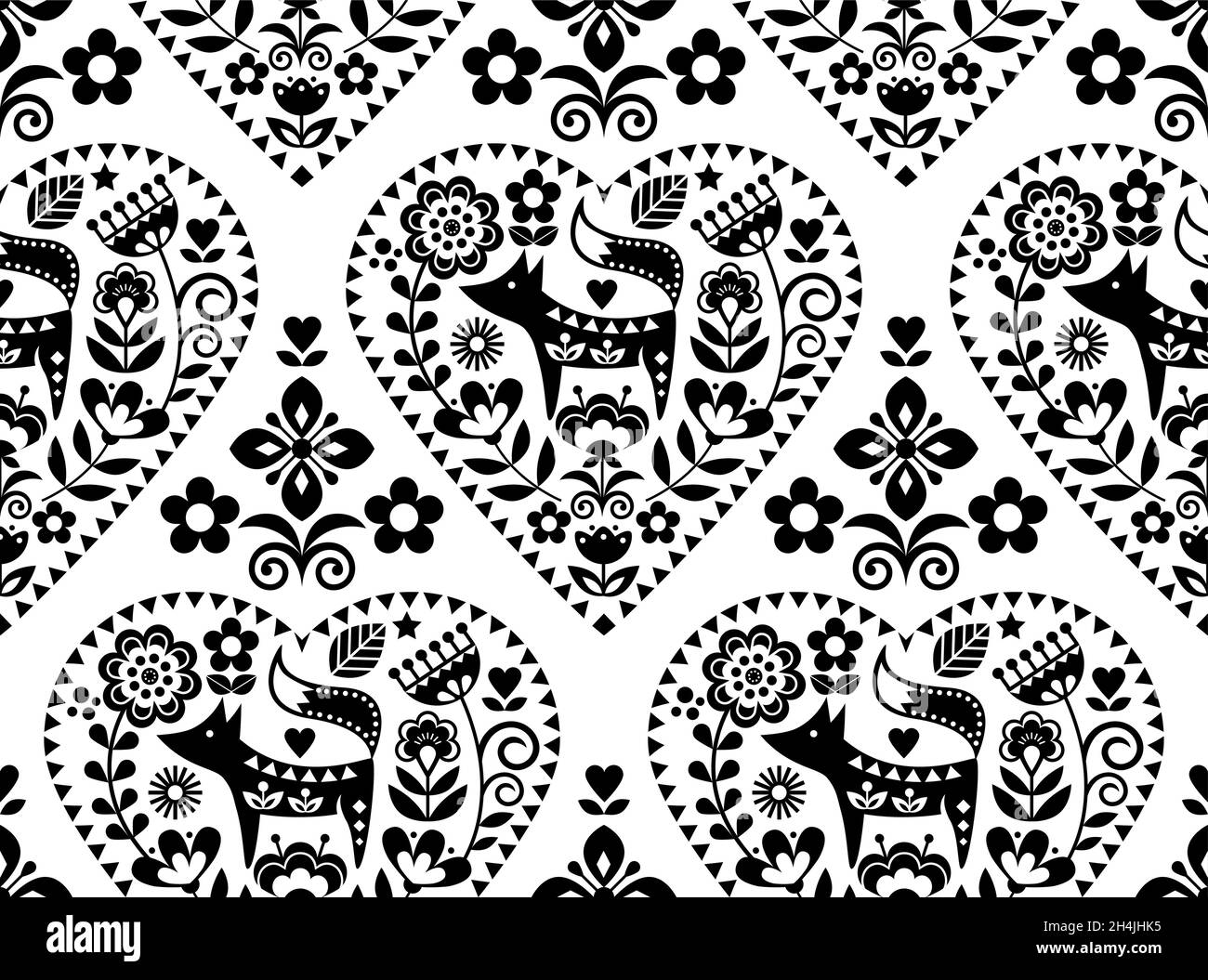 Valentine's Day Nordic repetitive ornament with fox and floral motif on white background in black and white Stock Vector