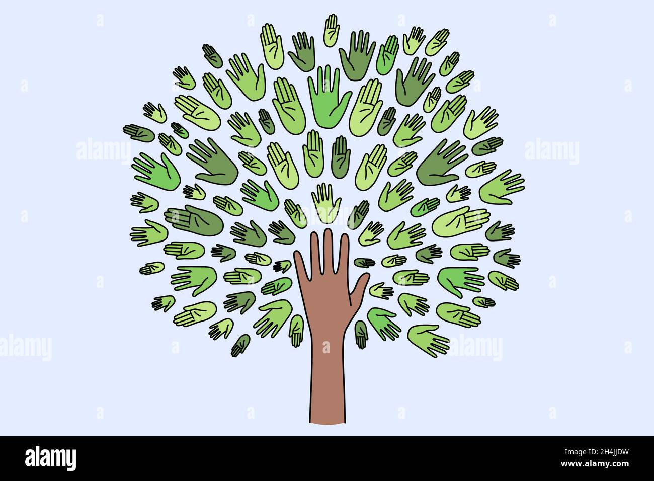 Unity, togetherness and ecology concept. Human hand forming tree with green crown consisting of various hands vector illustration  Stock Vector