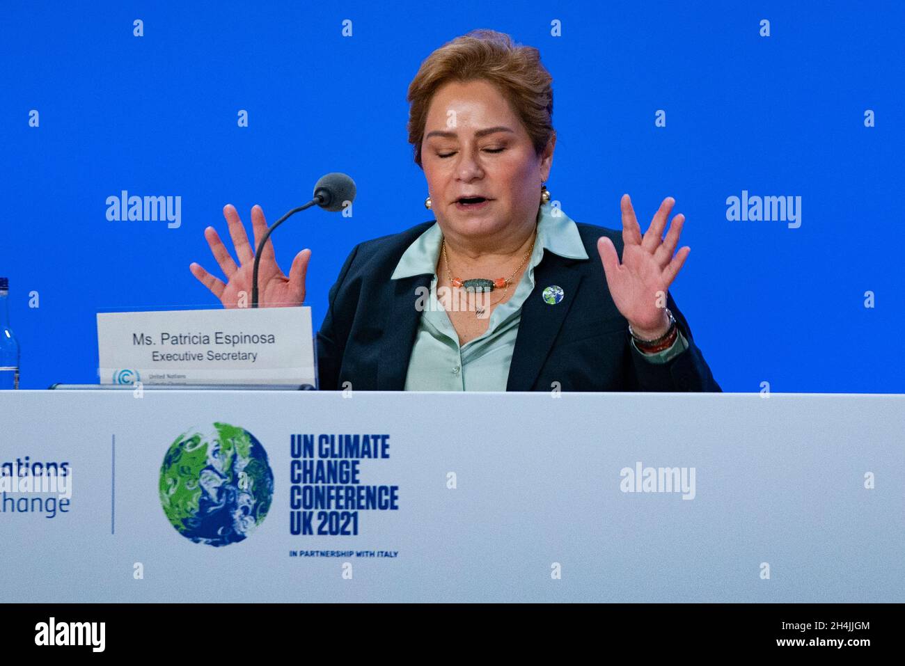 Glasgow, Scotland, UK. 3rd  November 2021. Day 4 of the UN Climate Change Conference in Glasgow. COP26 President Alok Sharma gives press conference to update the finance required to tackle climate change. Also present UN Climate Change Executive Secretary Patricia Espinosa and Kate Hughes, U.K. Government Director for International Climate Change; Pic Patricia Espinosa.  Iain Masterton/Alamy Live News. Stock Photo