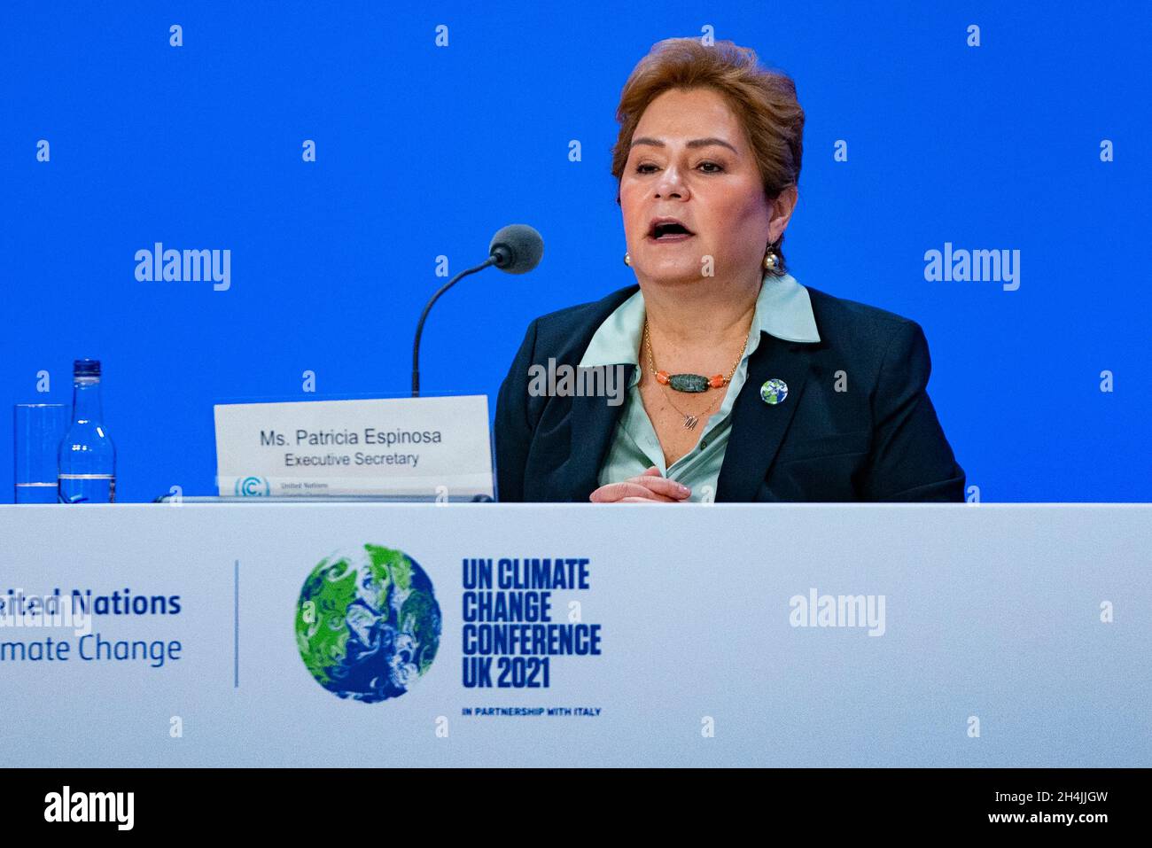 Glasgow, Scotland, UK. 3rd  November 2021. Day 4 of the UN Climate Change Conference in Glasgow. COP26 President Alok Sharma gives press conference to update the finance required to tackle climate change. Also present UN Climate Change Executive Secretary Patricia Espinosa and Kate Hughes, U.K. Government Director for International Climate Change; Pic Patricia Espinosa.  Iain Masterton/Alamy Live News. Stock Photo