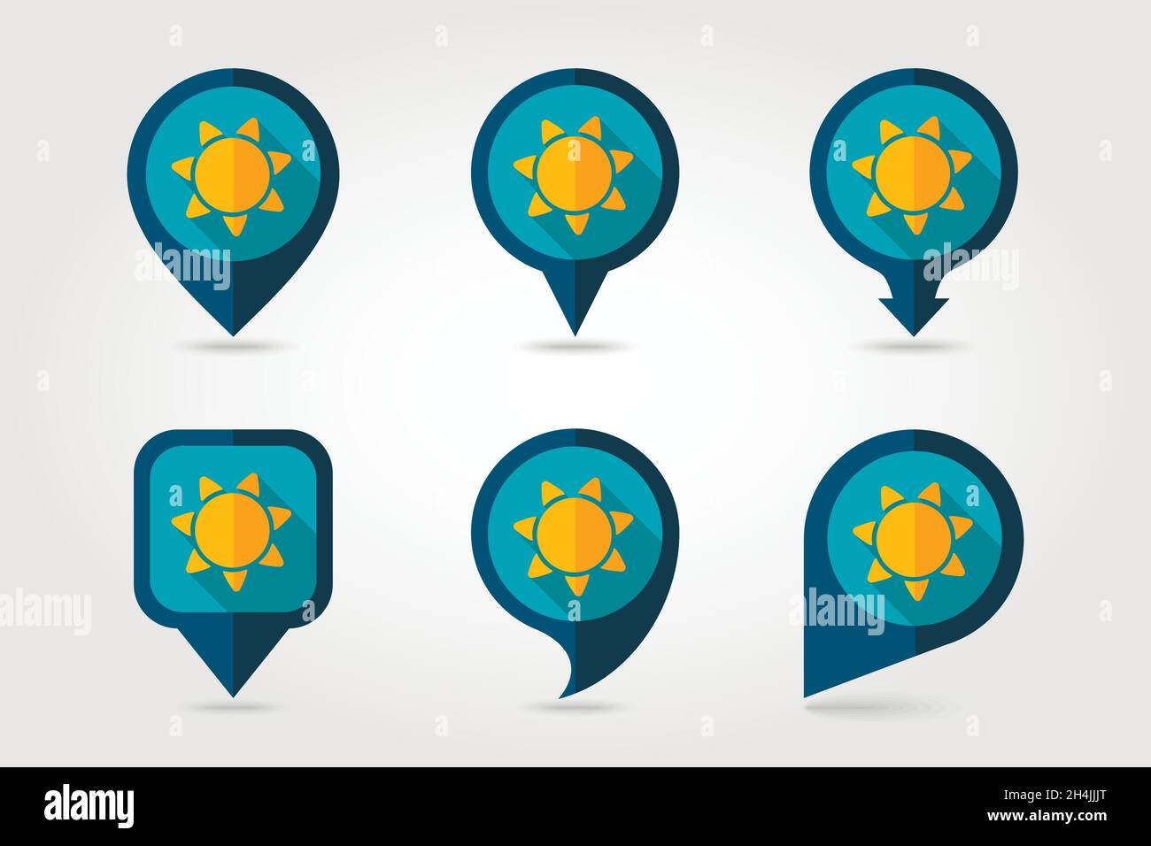 Sun flat mapping pin icon with long shadow, eps 10 Stock Vector