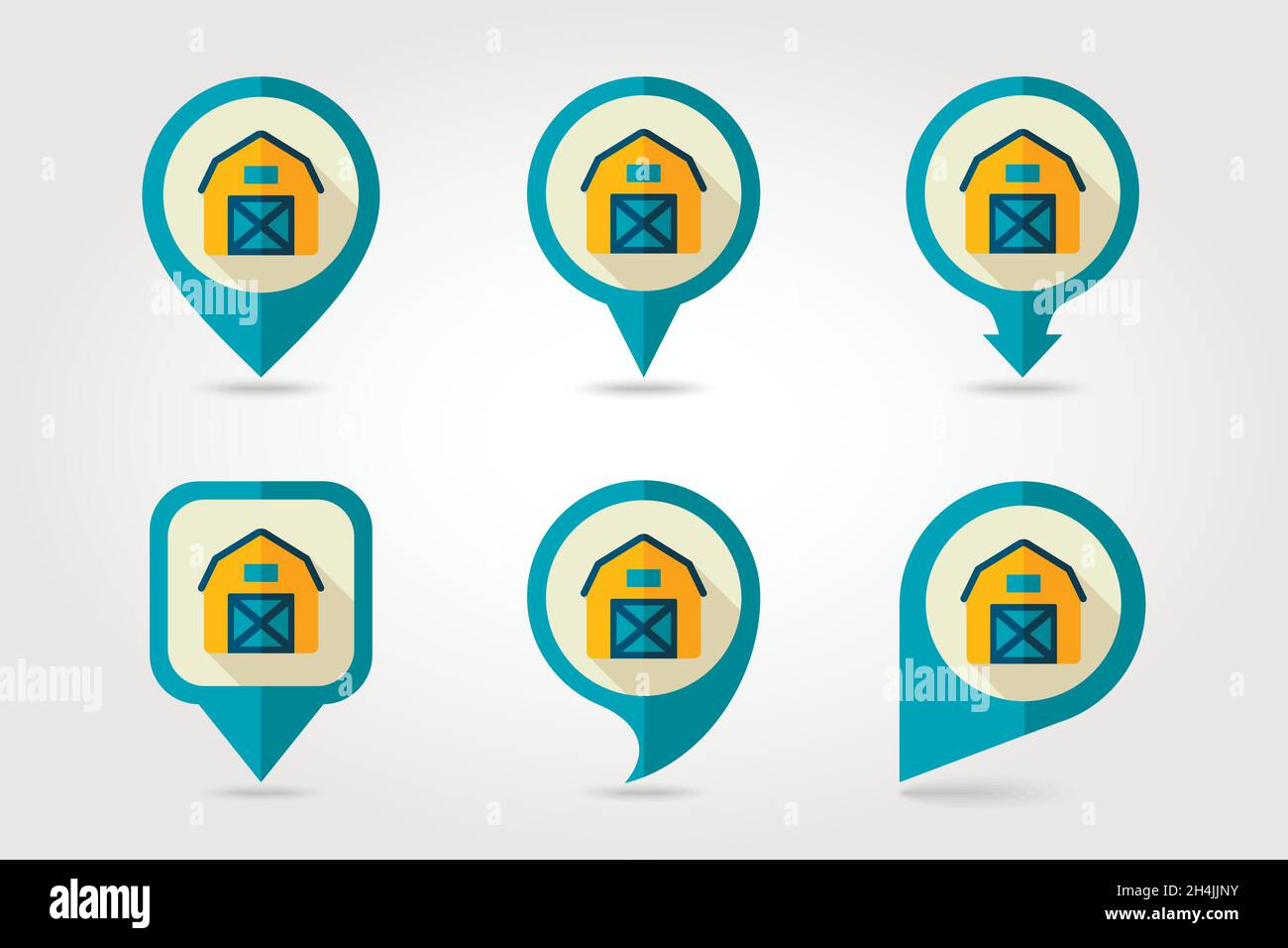 Barn house flat mapping pin icon with long shadow, eps 10 Stock Vector