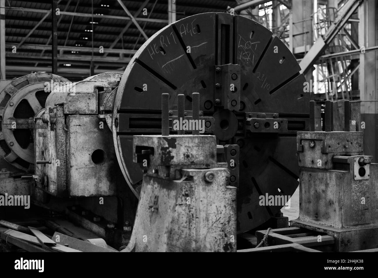 Grayscale shot of the industrial equipment. Stock Photo