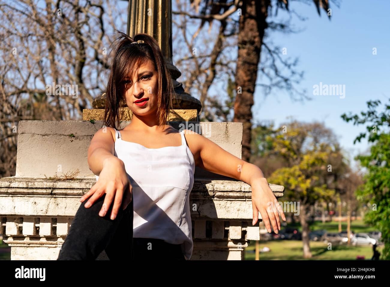 portrait of a beautiful smiling latin woman sitting comfortably and looking towards the camera. Copy space. Stock Photo
