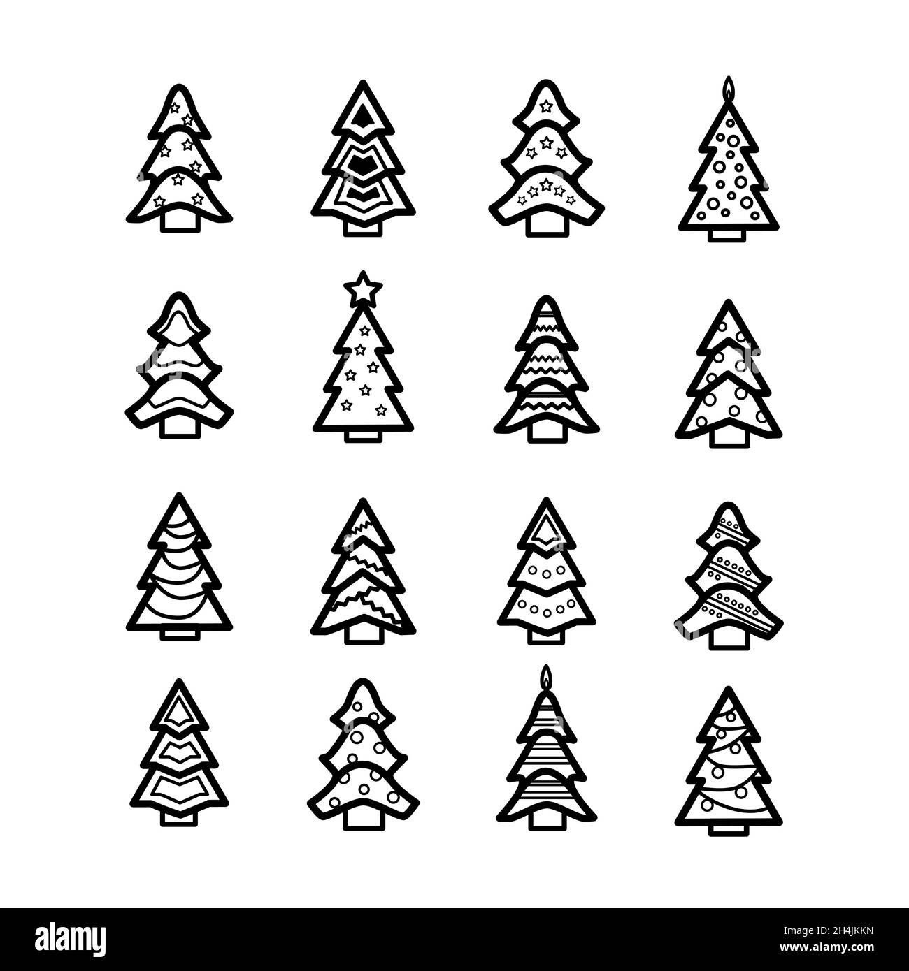 Set of 16 black and White Christmas tree icons. Simple cute Isolated ...