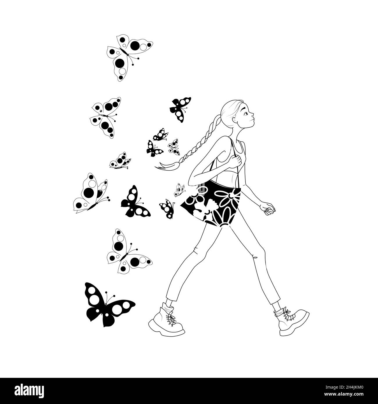 A cute girl walks with a shopping bag with flying butterflies. The concept of happiness and love. Cartoon character vector illustration Stock Vector
