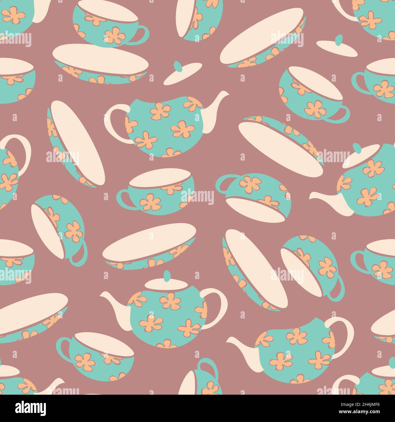 Vector seamless pattern with teapots, saucers and cups. Design for teatime. Stock Vector