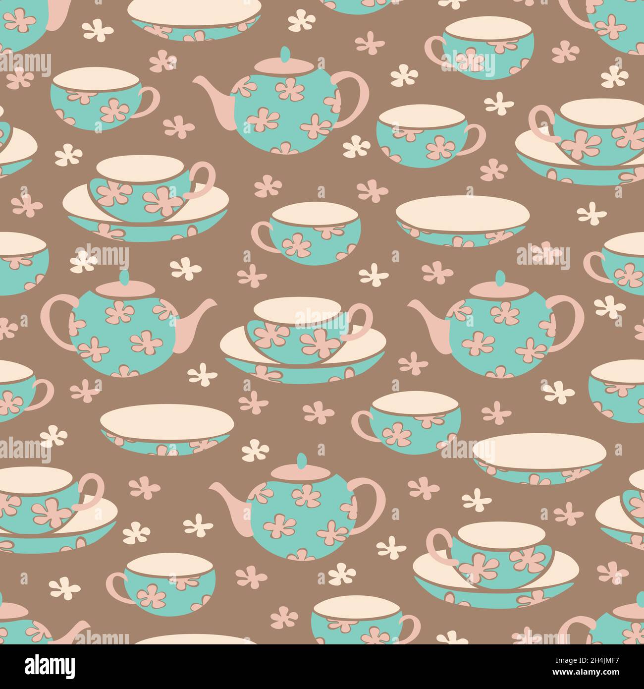 Vector seamless pattern with cups, saucers, teapots and flowers. Hand ...