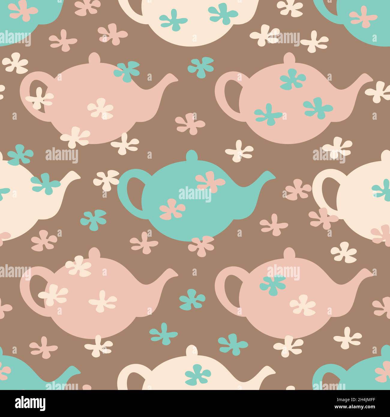 Vector seamless pattern with silhouettes of teapots and flowers. Cute design for teatime. Stock Vector