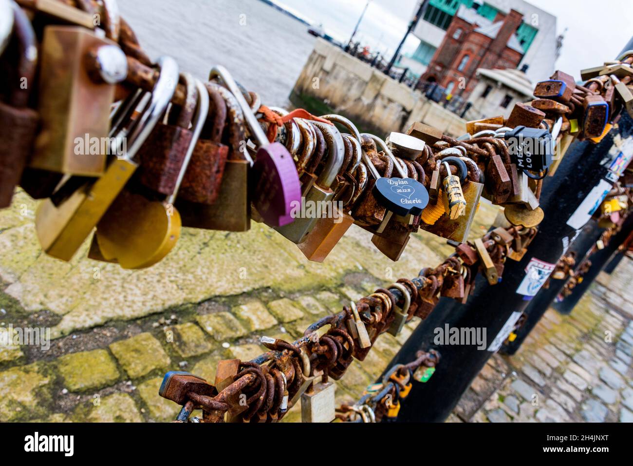 Lovelocks on railings by River Mersey, Liverpool docks, UK. Stock Photo