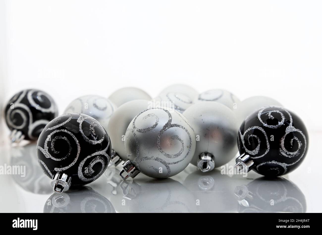 Decorative black and silver xmas balls with white background Stock Photo