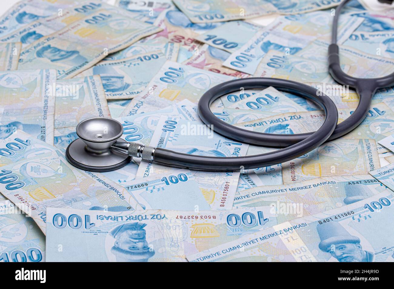 Turkish Currency and Stethoscope. Turkish Lira TL. Turkish banknotes