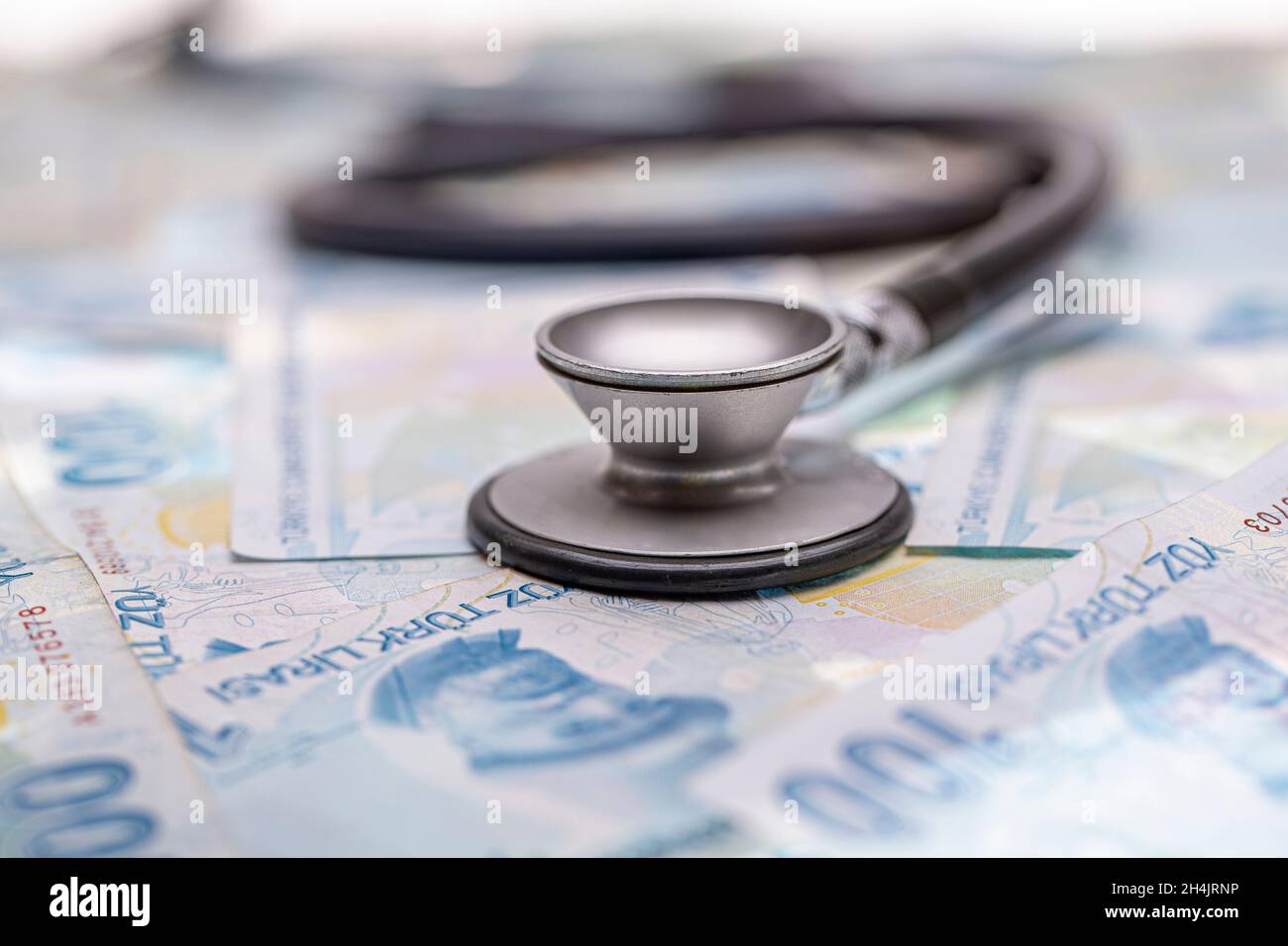 Turkish Currency and Stethoscope. Turkish Lira TL. Turkish banknotes