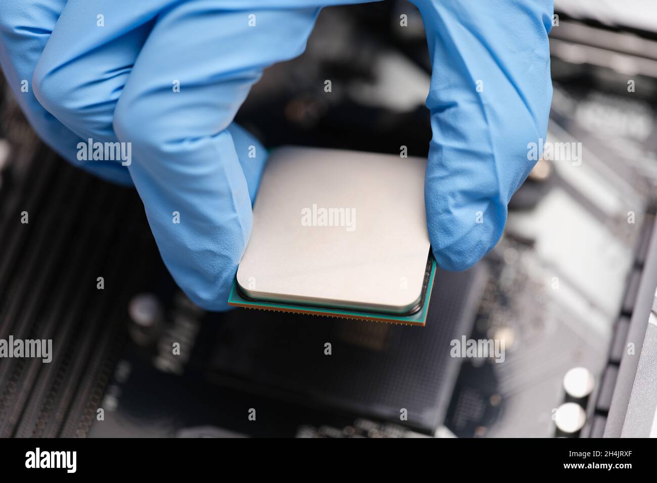 Handyman in rubber gloves installing computer processor closeup Stock Photo
