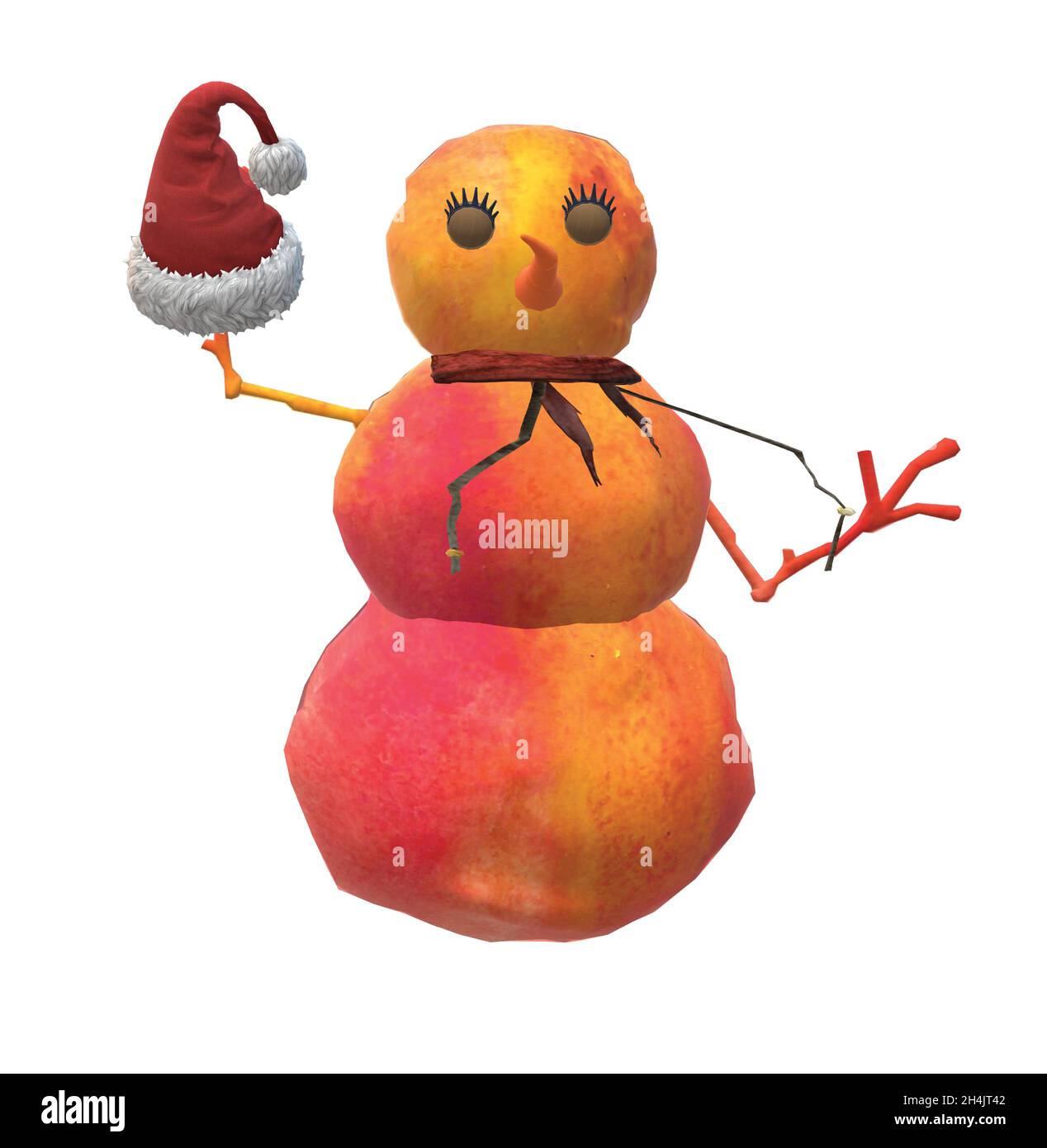 Red Orange Watercolor Snowman Winter Decoration with Scarf and Santa Hat Stock Vector