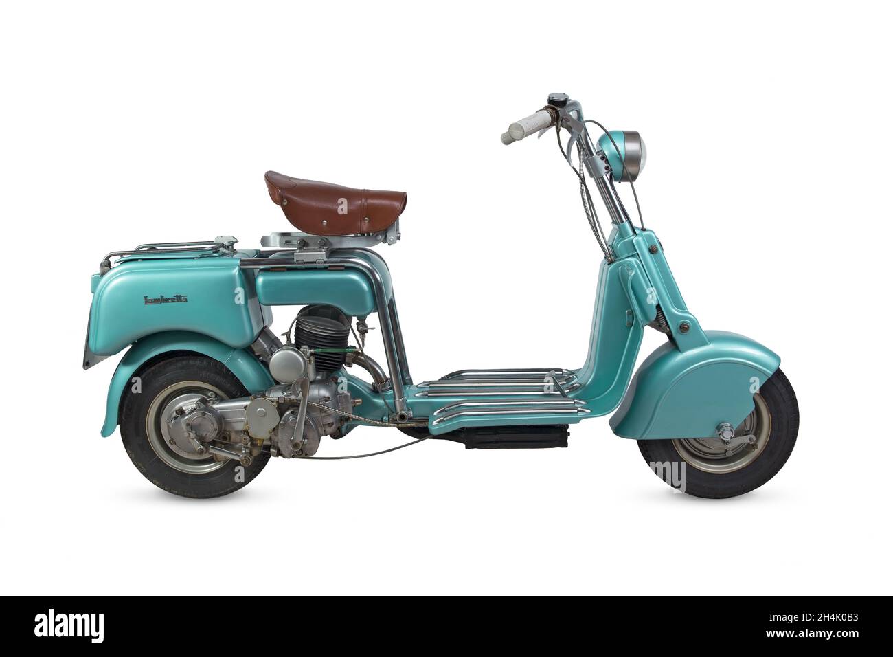 Vintage aqua green Lambretta motorcycle - 1947- isolated on white background - Italy Stock Photo