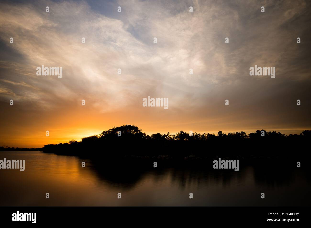 Silhouette of trees surrounding the lake on the sunset Stock Photo - Alamy