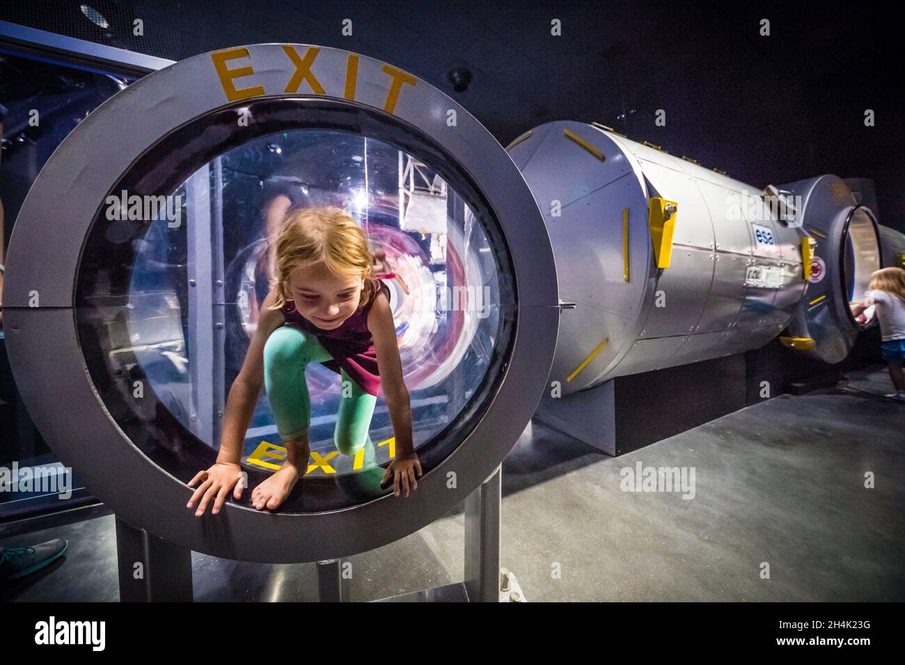 United States, Florida, Orlando, Cape Canaveral, Kennedy Space Center, space museum, child emerging from a space station replica Stock Photo